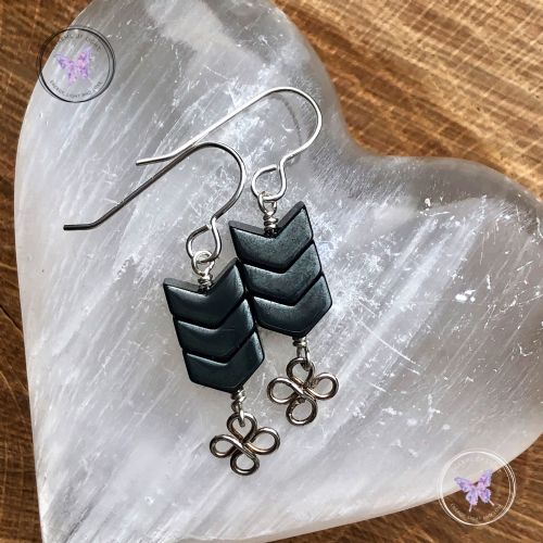 Hematite Arrow Earrings With Lucky Silver Clover